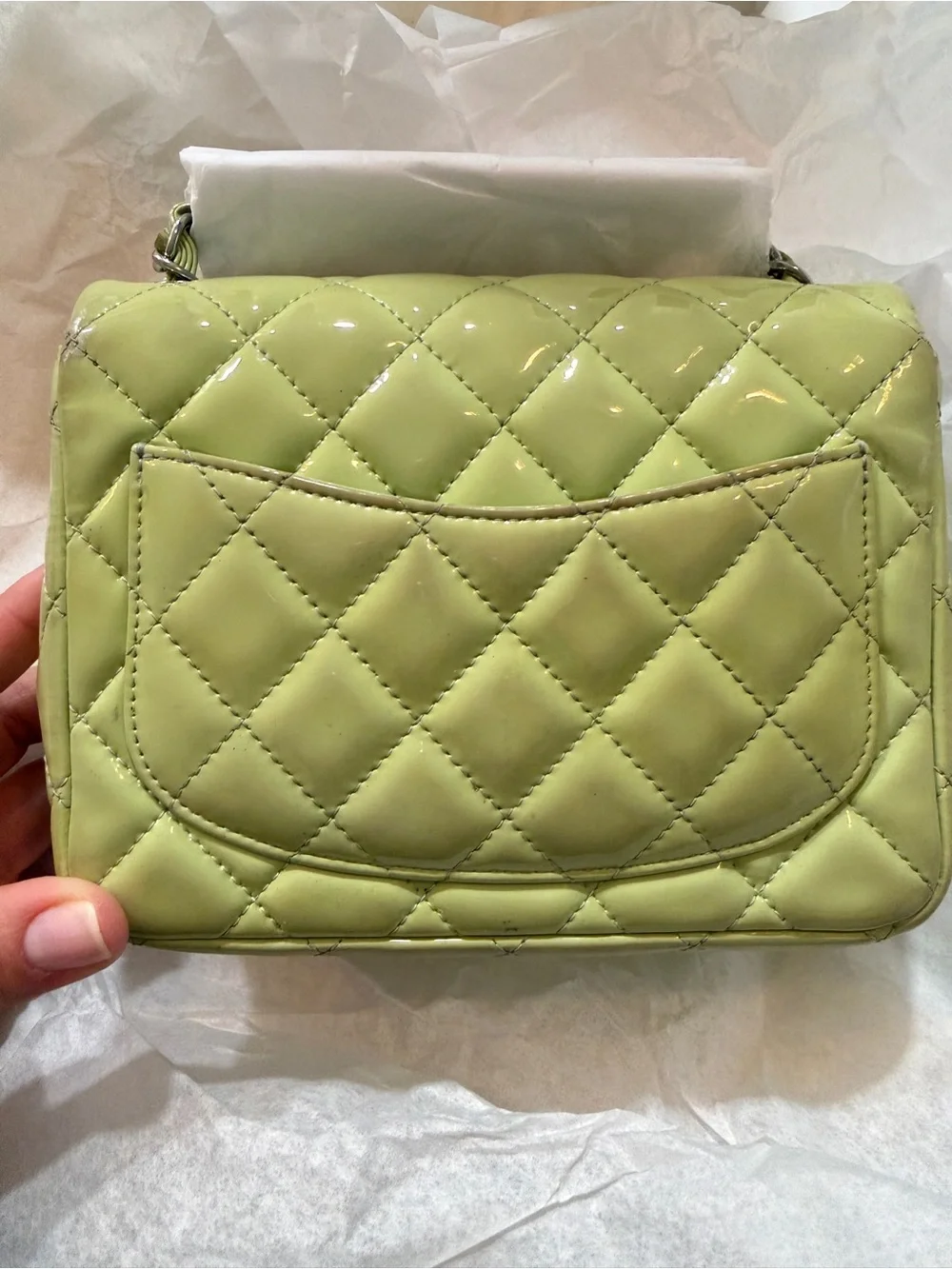 CHANEL Quilted Patent Leather Mini Flap Bag in Lime